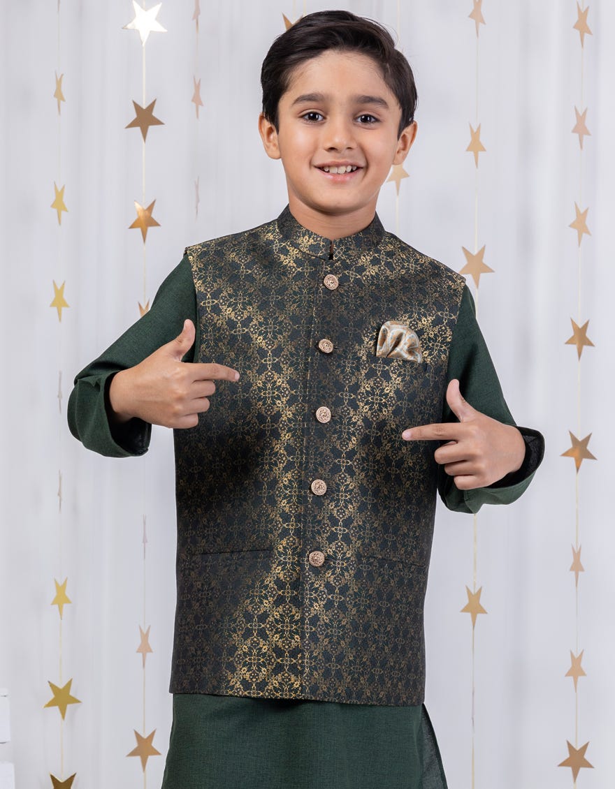 Green Polyester Kameez Shalwar + Waistcoat | Jckpvc-A-48087