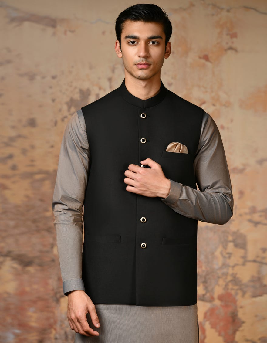 Black Suiting Waist Coat | Jjvc-A-48114-R1-Ap