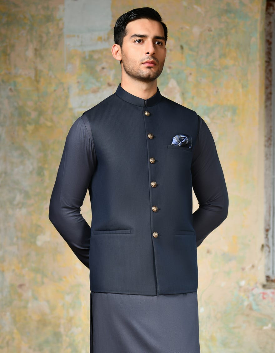 Midnight Blue Blended Waist Coat | Jjvc-A-48148