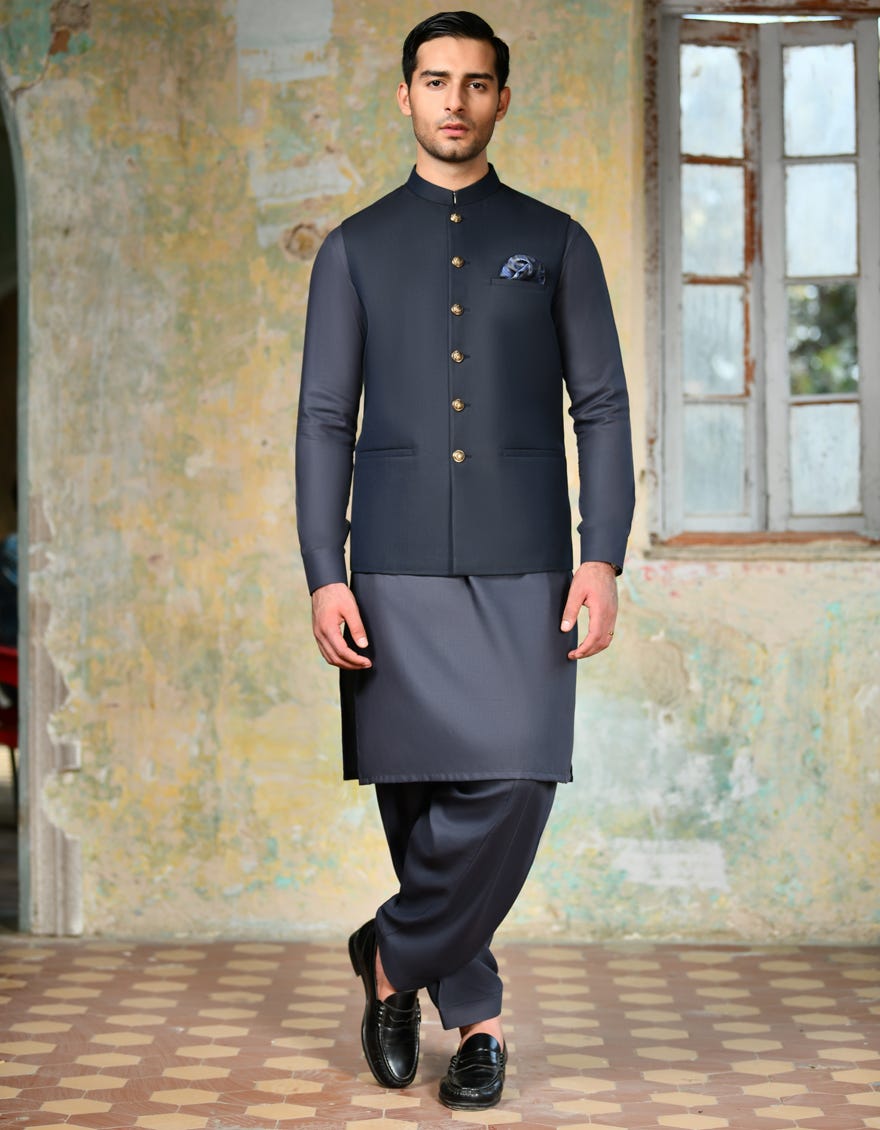 Midnight Blue Blended Waist Coat | Jjvc-A-48148