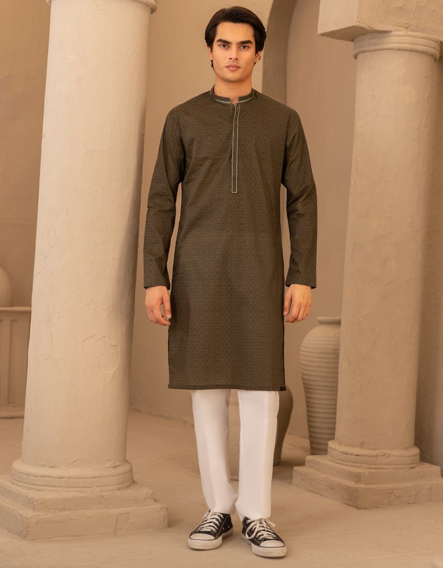 GREEN COTTON SEMI-FORMAL KURTA