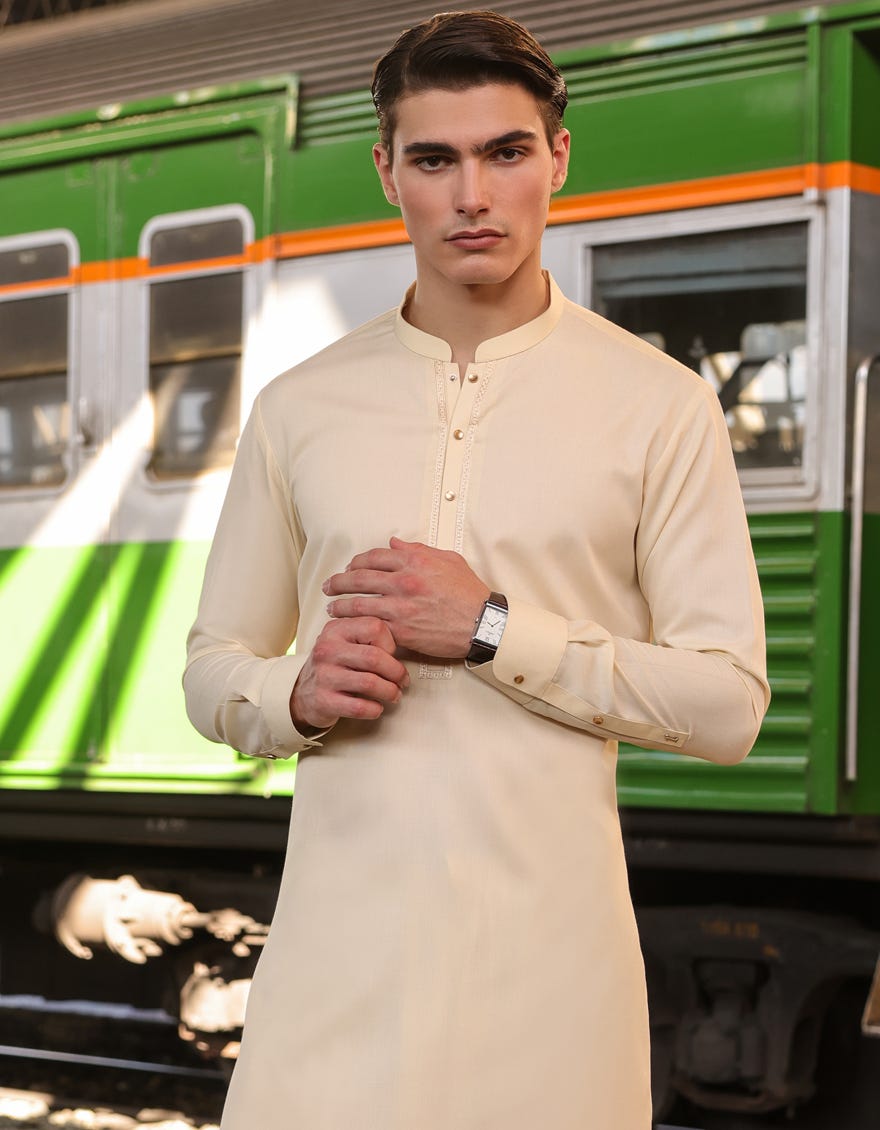 Cream Blended Men's Kameez Shalwar | Jjks-S-90423