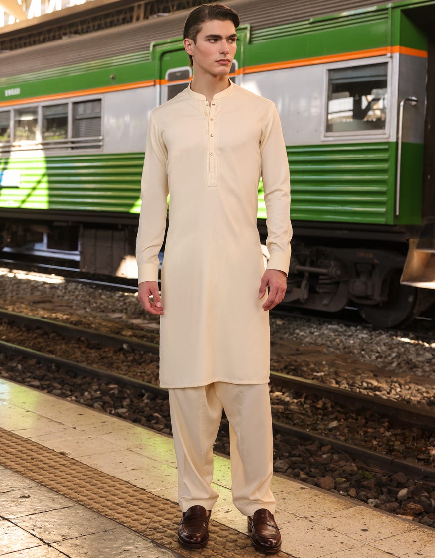 Cream Blended Men's Kameez Shalwar | Jjks-S-90423