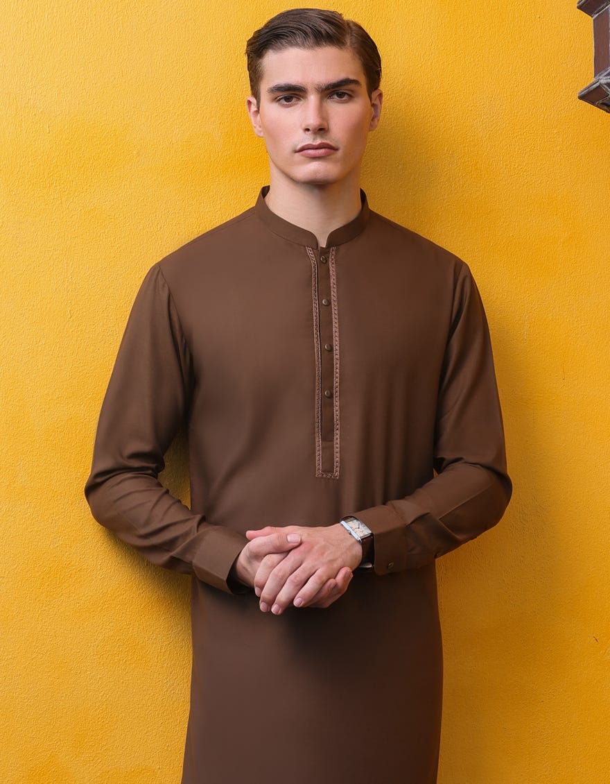 Brown Blended Men's Kameez Shalwar | Jjks-S-90424