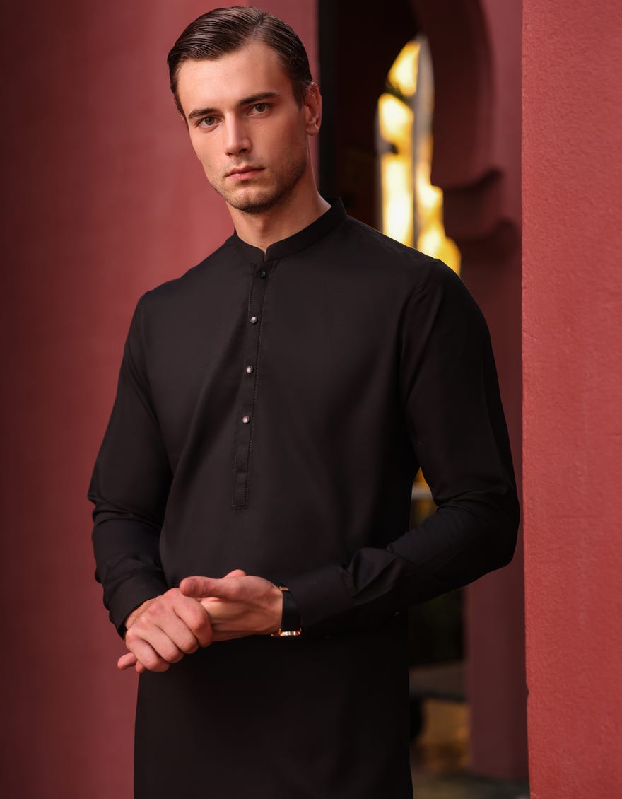 Black Blended Men's Kameez Shalwar | Jjks-S-90425
