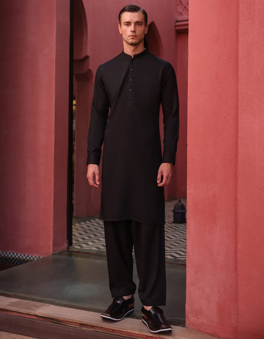 Black Blended Men's Kameez Shalwar | Jjks-S-90425