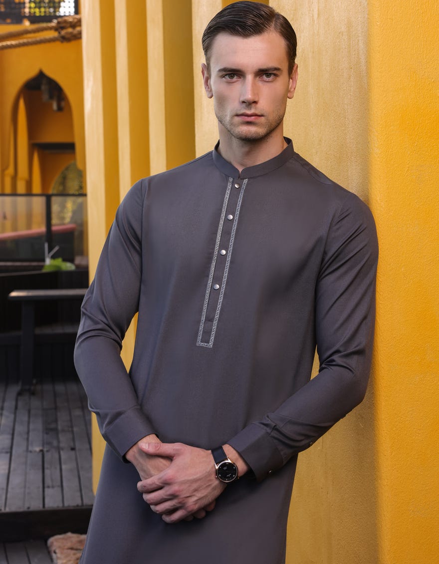 Dark Grey Blended Men's Kameez Shalwar | Jjks-S-90426