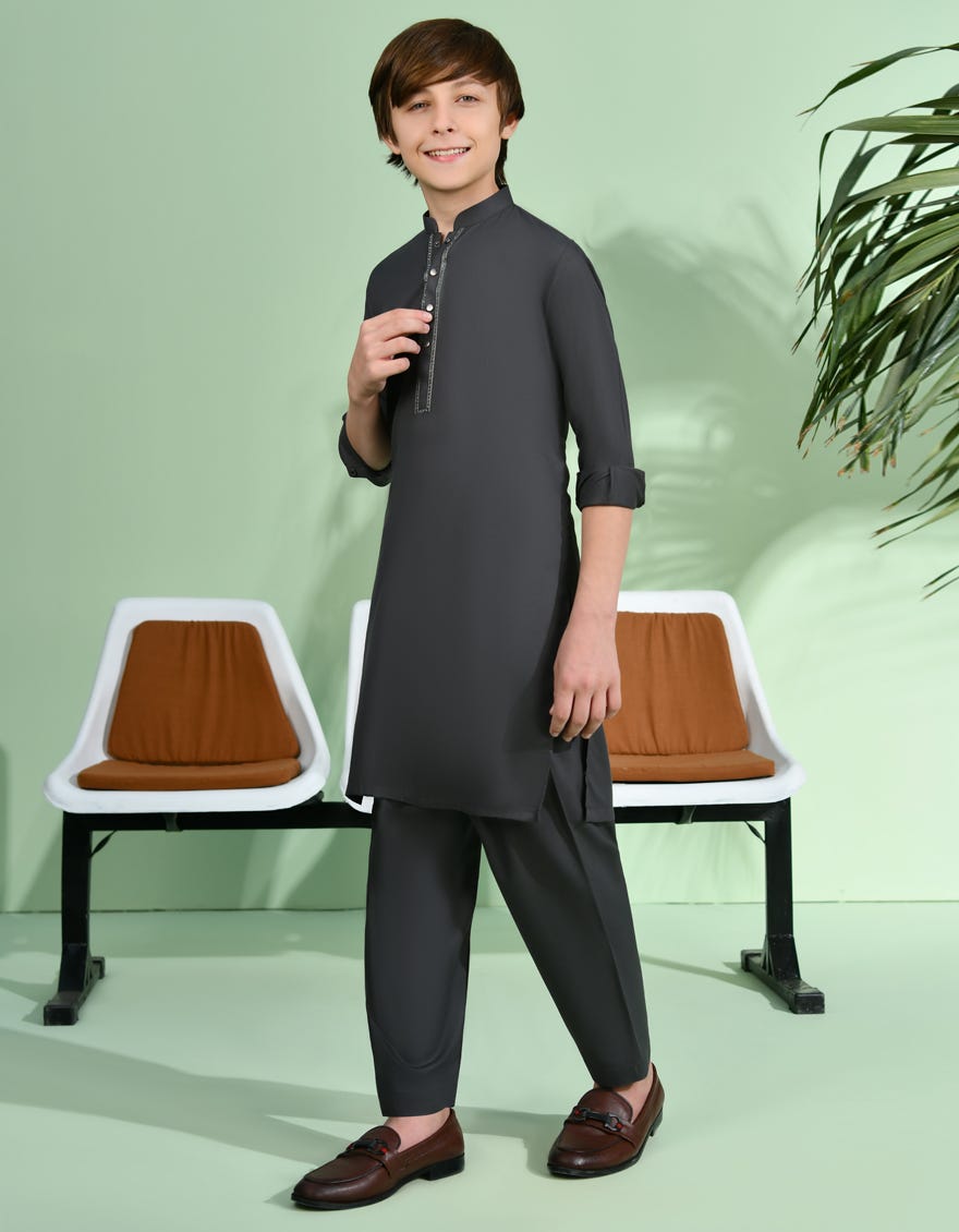 Dark Grey Blended Kid's Kameez Shalwar | Jcks-S-90426