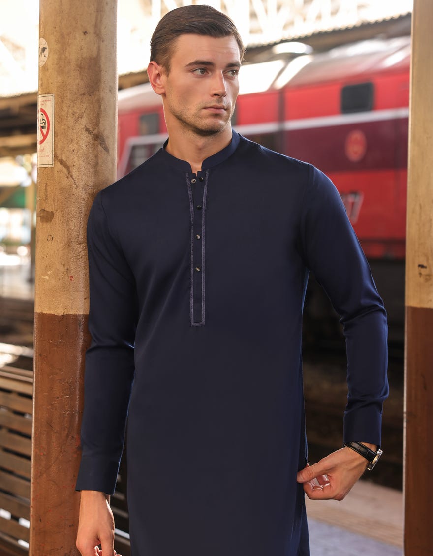 Navy Blue Blended Men's Kameez Shalwar | Jjks-S-90427