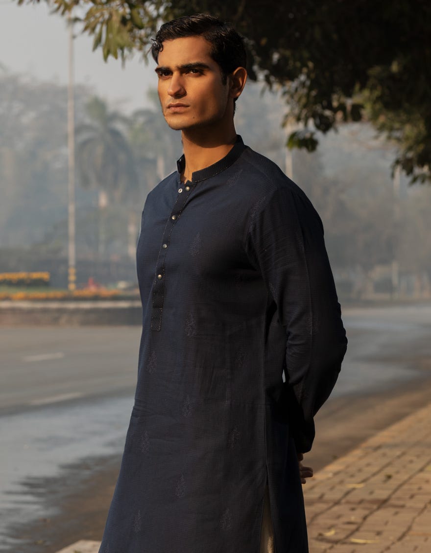 NAVY BLUE COTTON SEMI-FORMAL KURTA TROUSERS