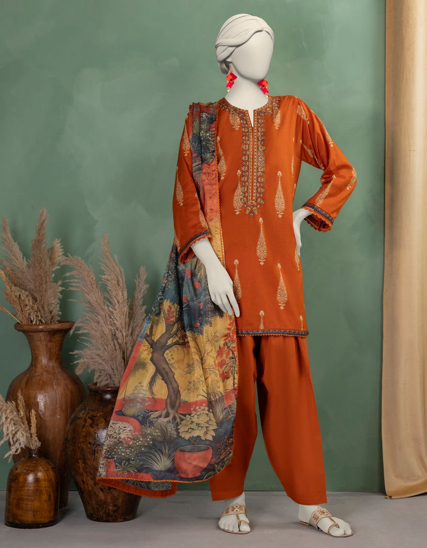 ORANGE LAWN EMBROIDERED UNSTITCHED 3PC