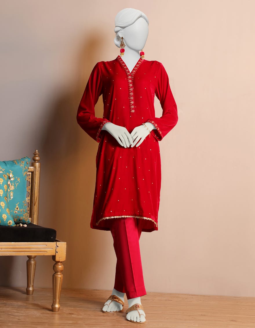 Red Velvet Women's Kurti | Jjlk-W-Jpwk-23-999