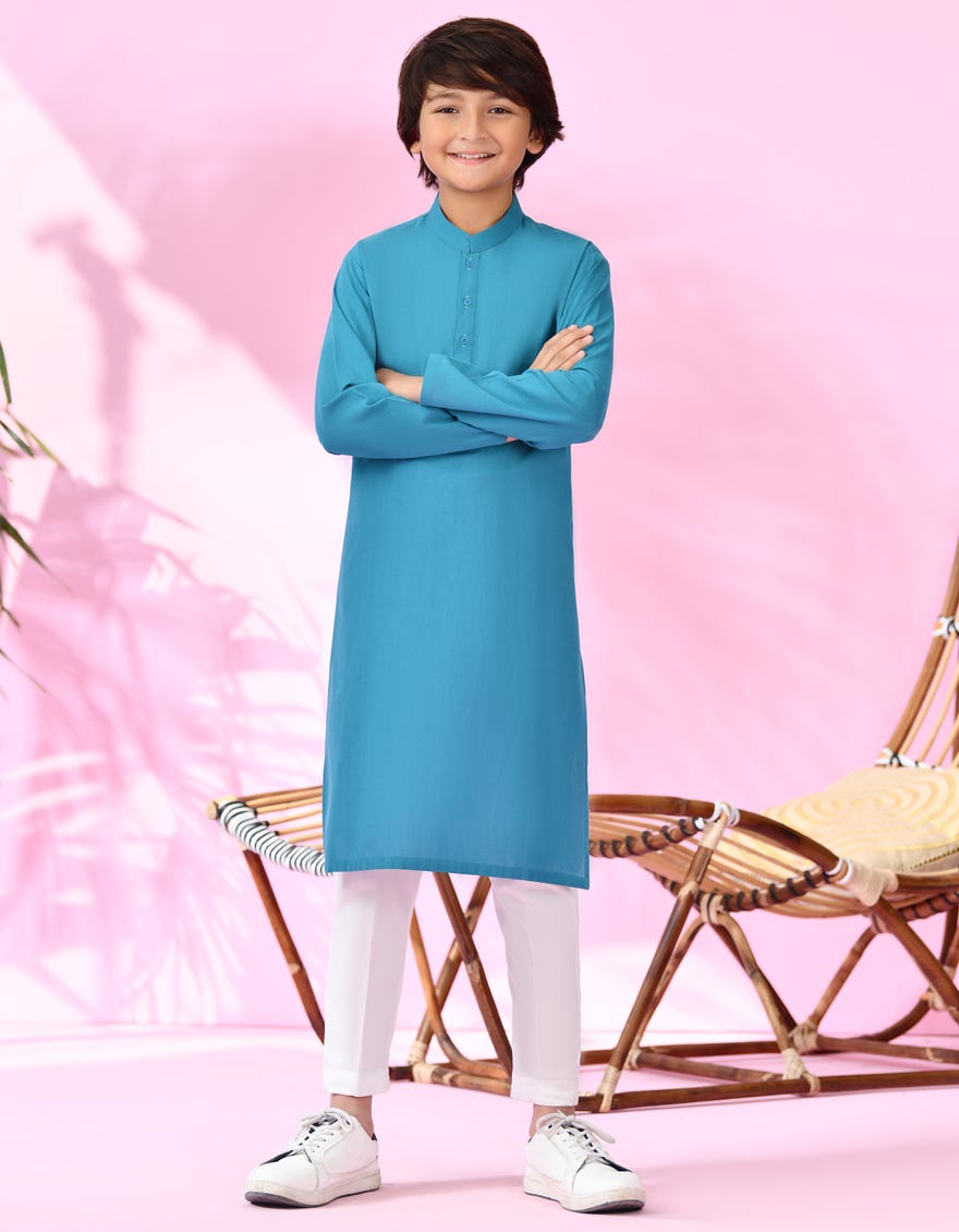 Sea Green Cotton Kid's Kurta | Jck-A-38950
