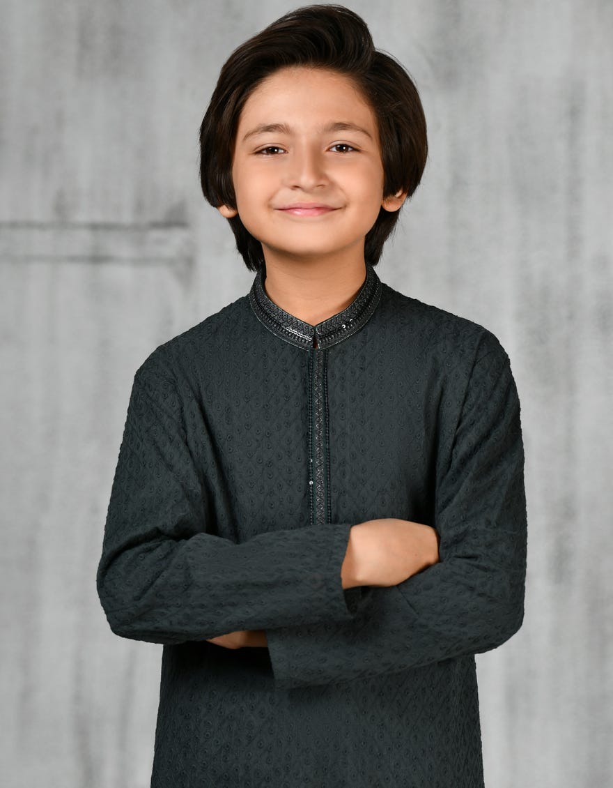 Dark Green Cotton Kid's Kurta | Jck-A-47180