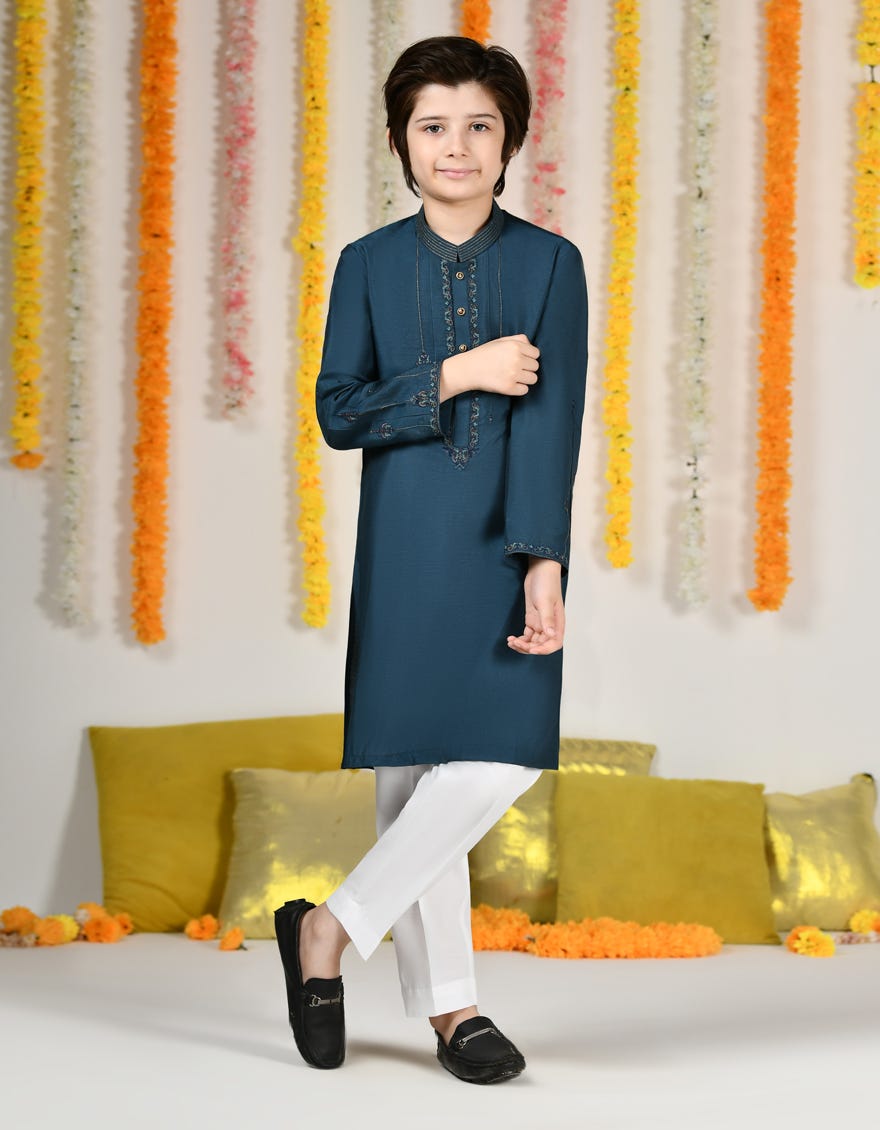 Teal Blue Blended Special Kid's Kurta | Jck-Sp-48168