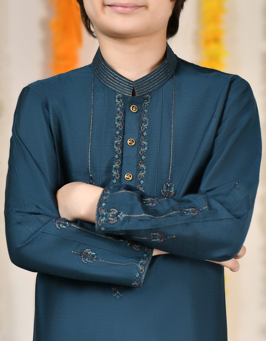 Teal Blue Blended Special Kid's Kurta | Jck-Sp-48168