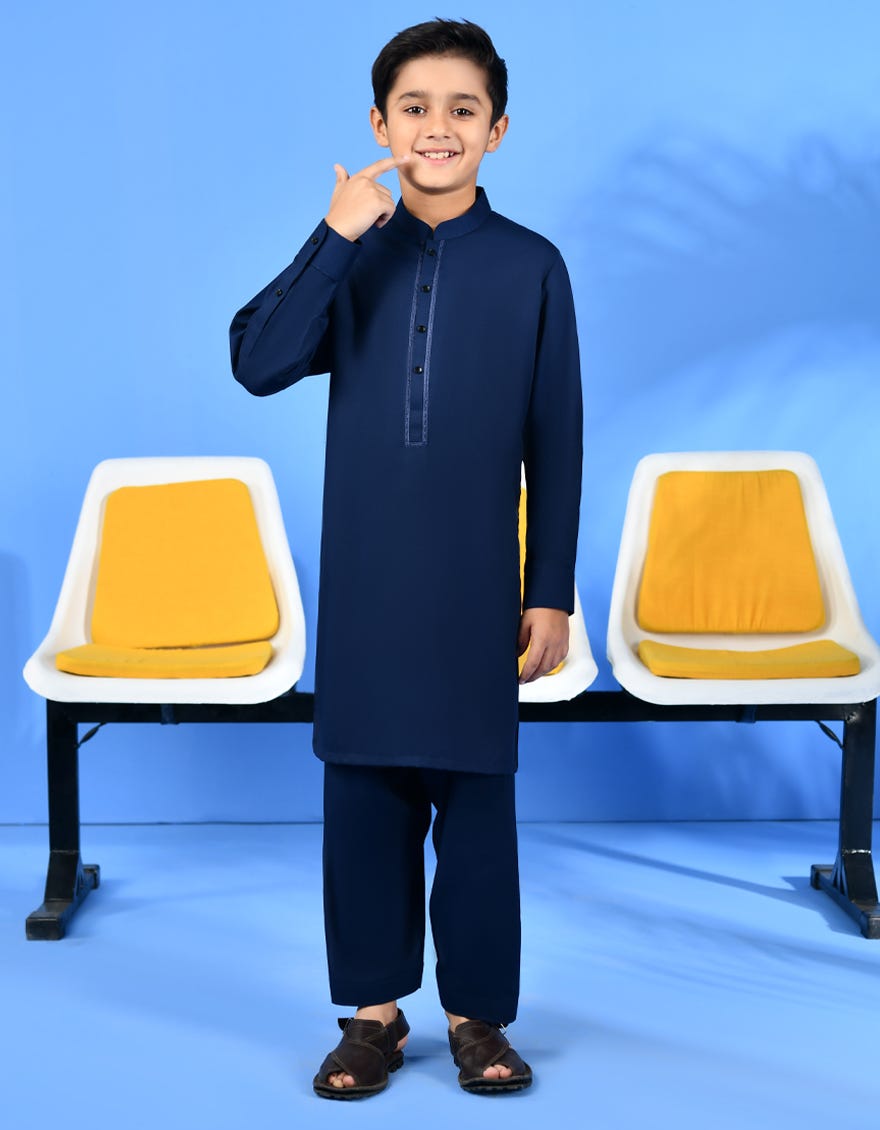 Navy Blue Blended Kid's Kameez Shalwar | Jcks-S-90427