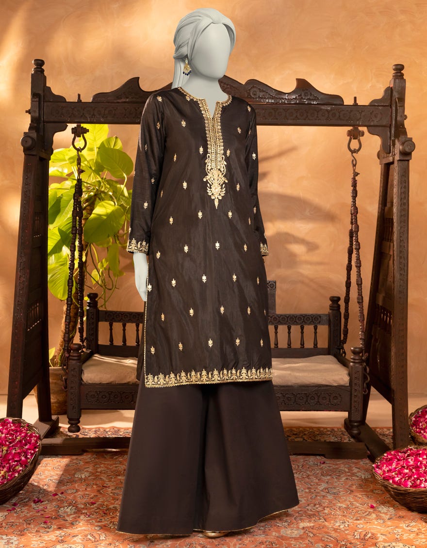 BLACK RAW SILK EMBROIDERED KURTI