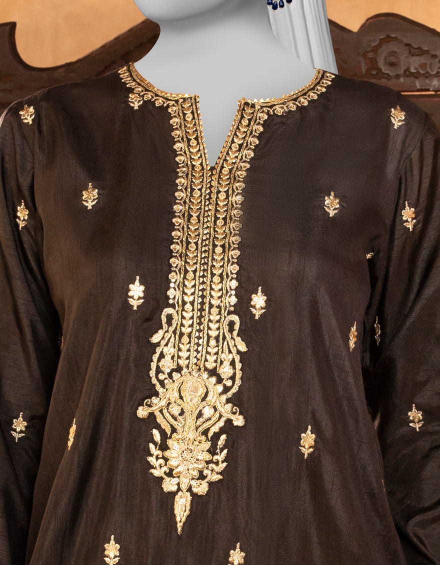 BLACK RAW SILK EMBROIDERED KURTI