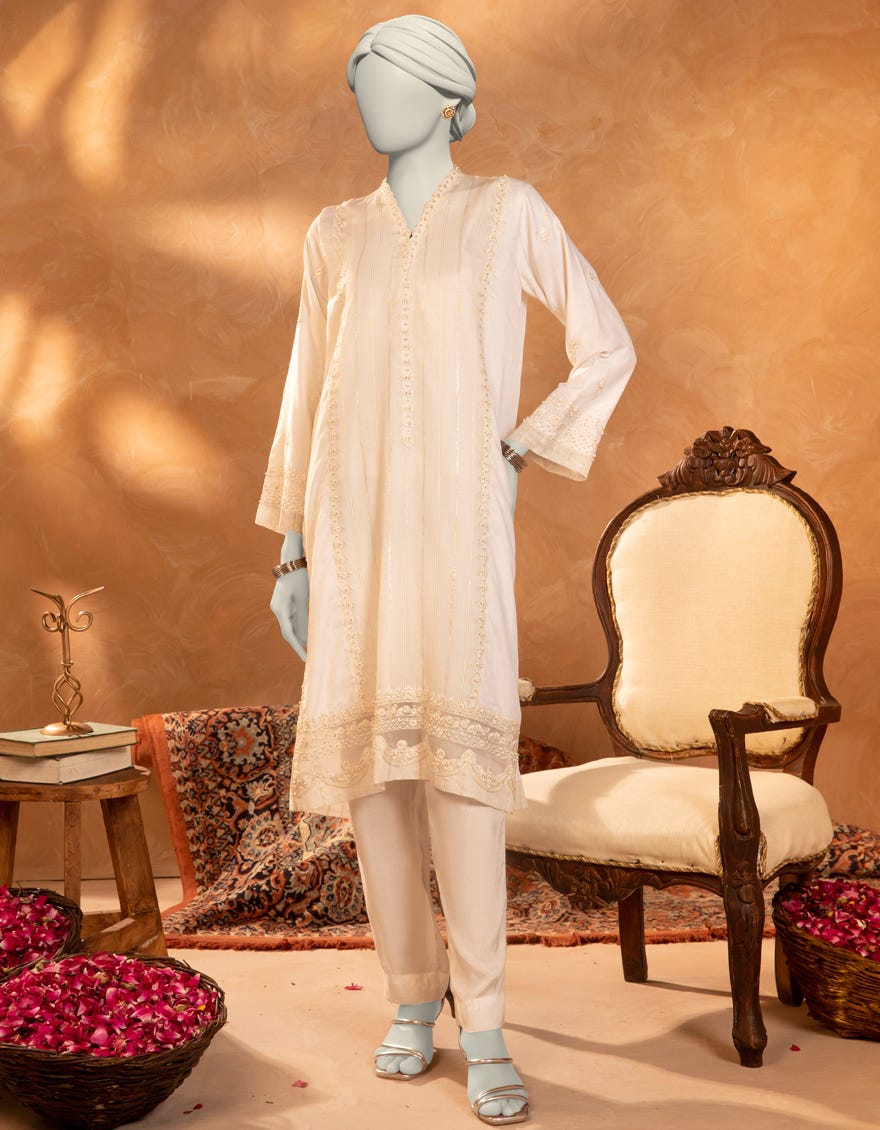 WHITE PAPER COTTON EMBROIDERED KURTI