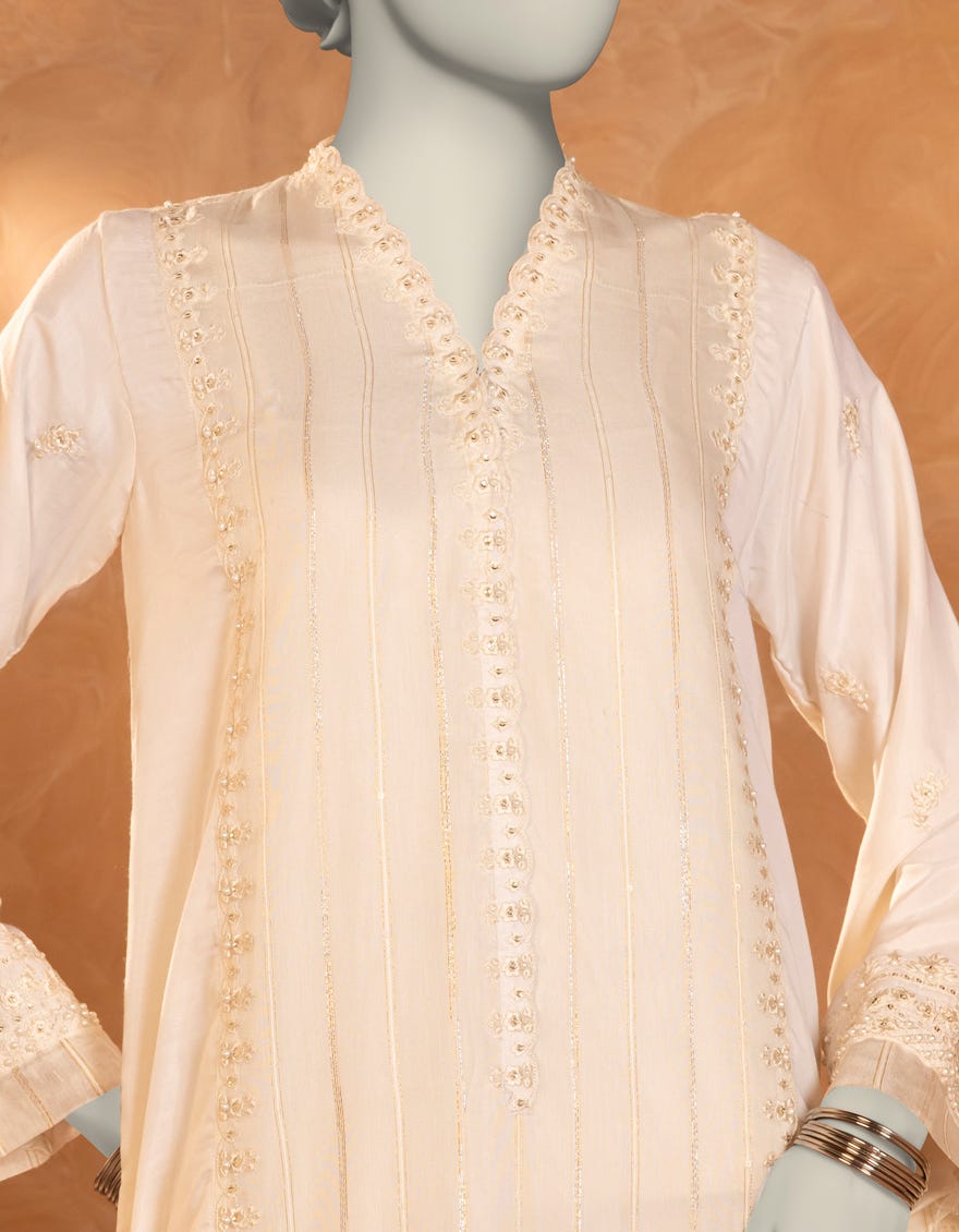 WHITE PAPER COTTON EMBROIDERED KURTI