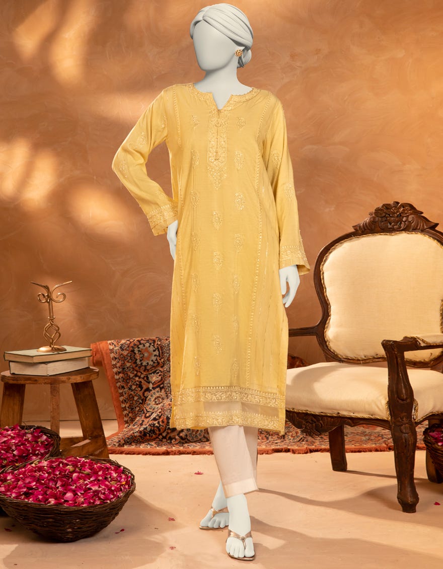 YELLOW PAPER COTTON EMBROIDERED KURTI
