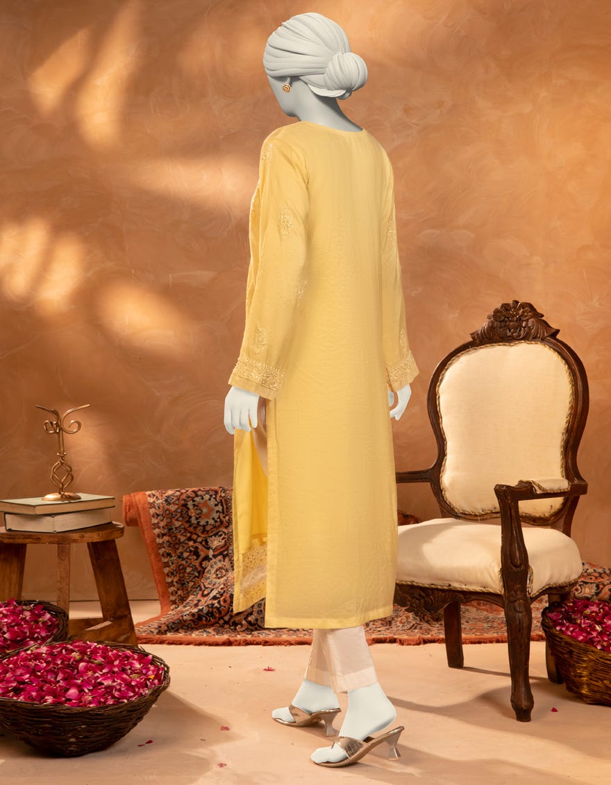 YELLOW PAPER COTTON EMBROIDERED KURTI