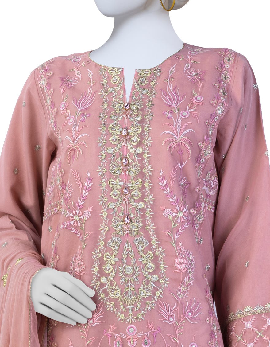 Pink Organza Unstitched 3 Piece Dress | Jjls-S-Jfu-24-701