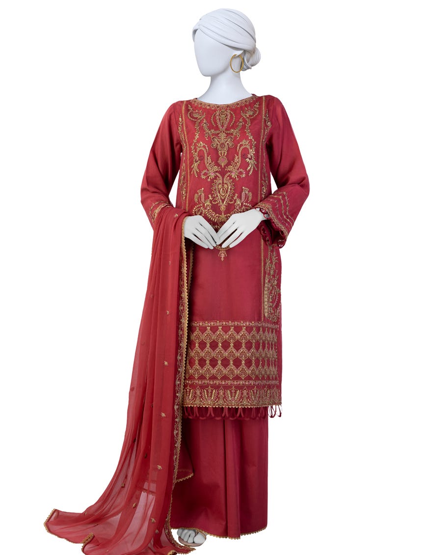 Red Organza Unstitched 3 Piece Dress | Jjls-S-Jfu-24-703