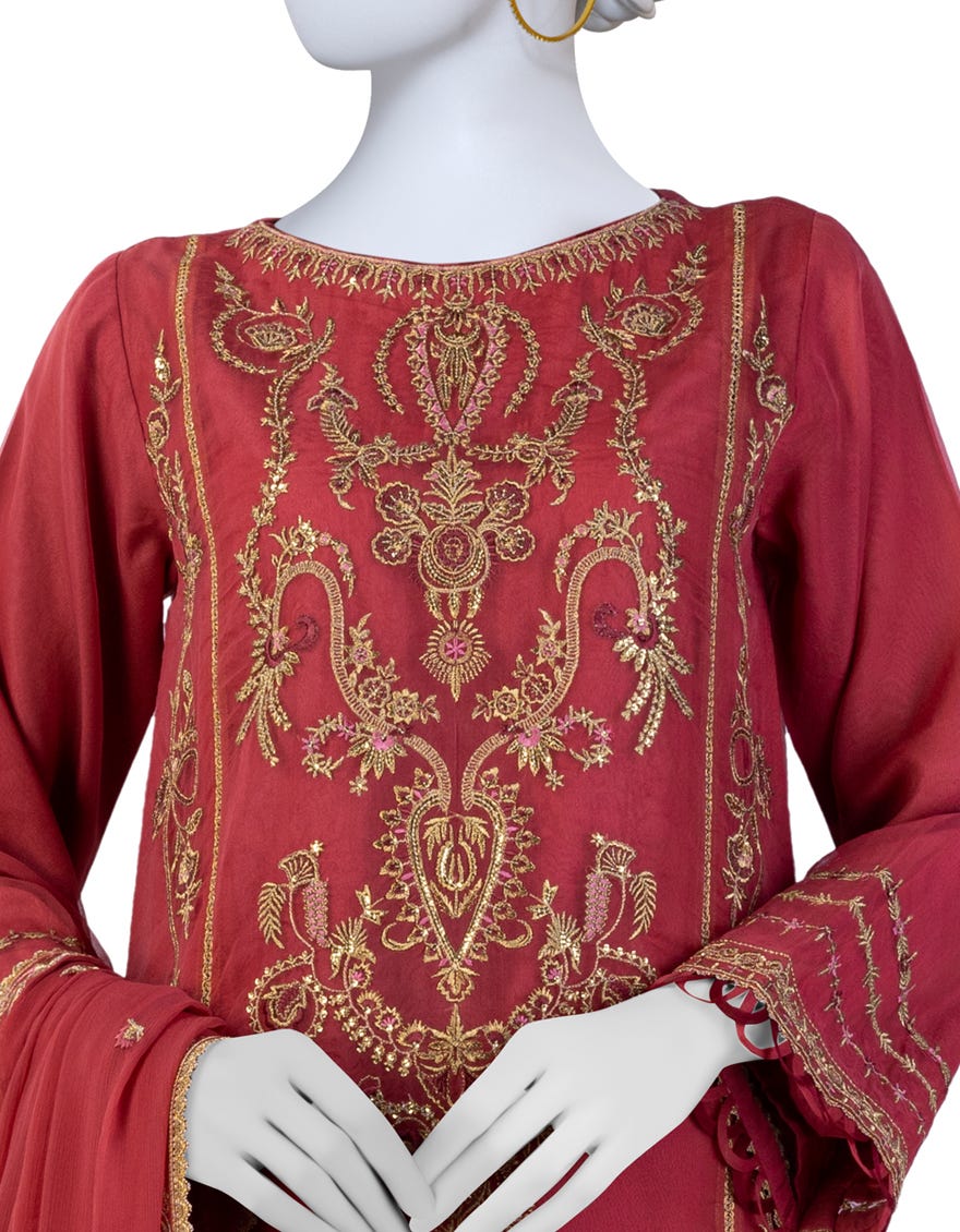 Red Organza Unstitched 3 Piece Dress | Jjls-S-Jfu-24-703