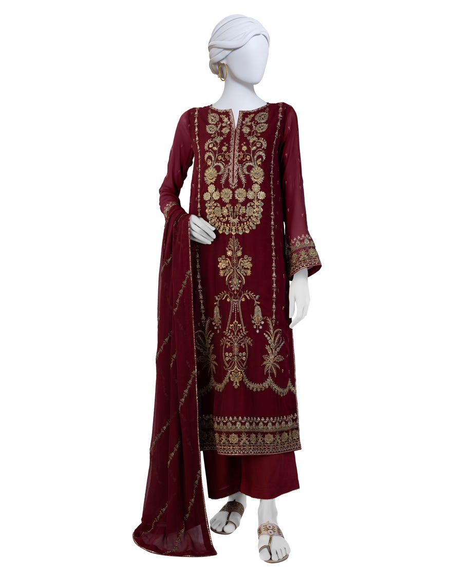 Maroon Chiffon Unstitched 3 Piece Dress | Jjls-S-Jfu-24-704