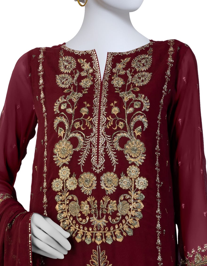 Maroon Chiffon Unstitched 3 Piece Dress | Jjls-S-Jfu-24-704