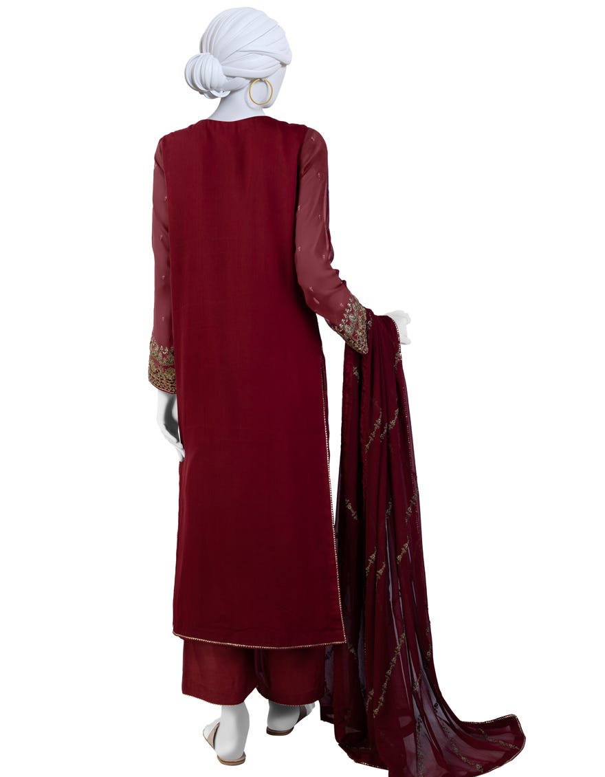 Maroon Chiffon Unstitched 3 Piece Dress | Jjls-S-Jfu-24-704