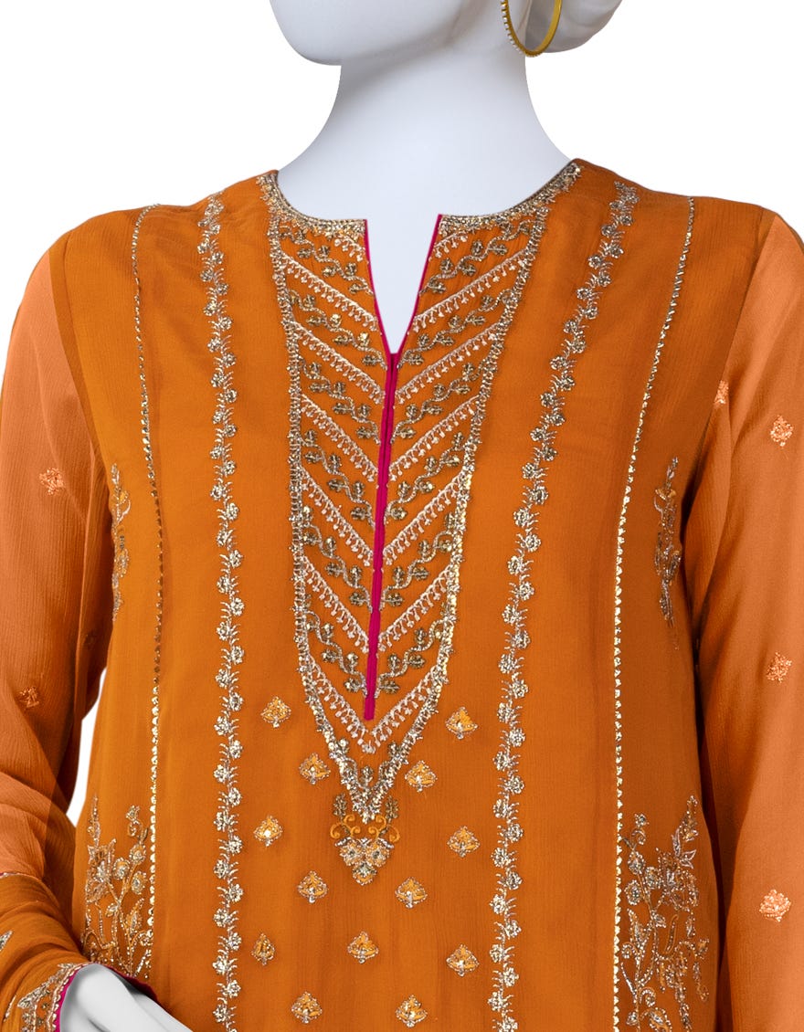 Orange Chiffon Unstitched 3 Piece Dress | Jjls-S-Jfu-24-705