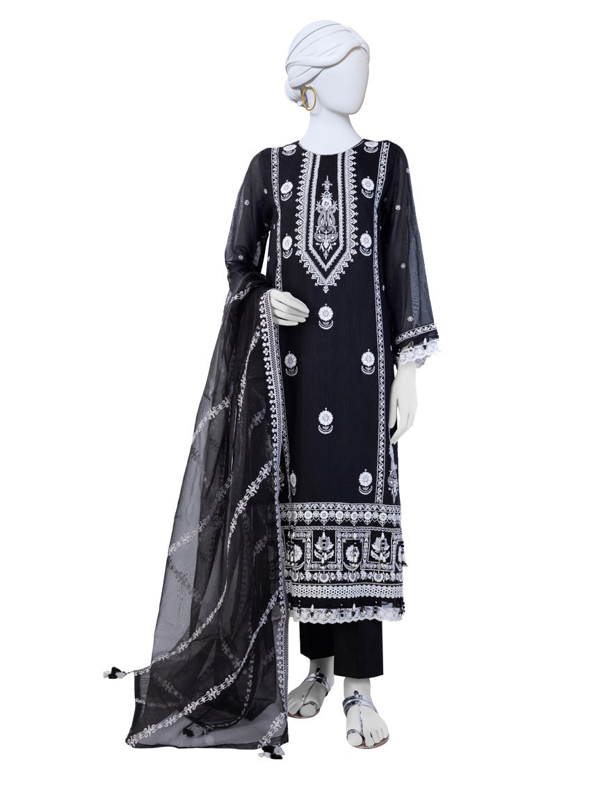 Black Khaddi Net Unstitched 3 Piece Dress | Jjls-S-Jfu-24-706