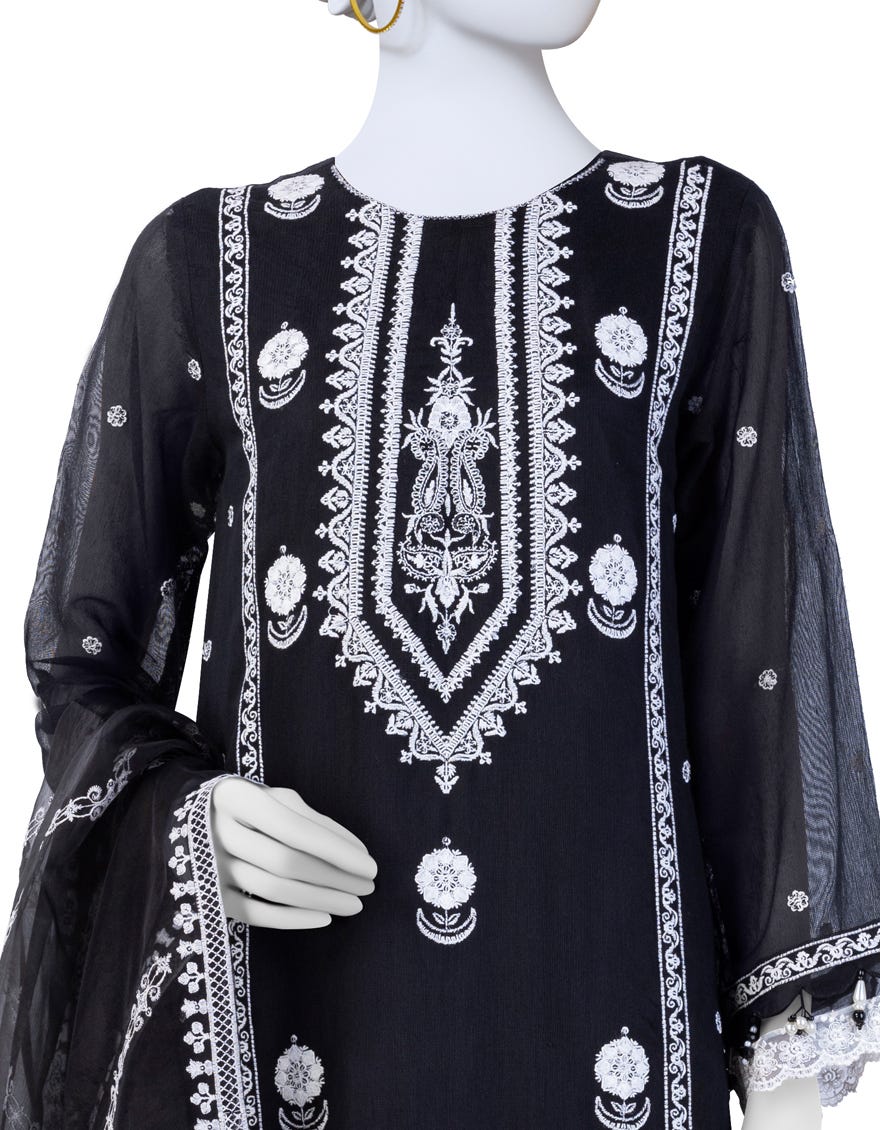 Black Khaddi Net Unstitched 3 Piece Dress | Jjls-S-Jfu-24-706