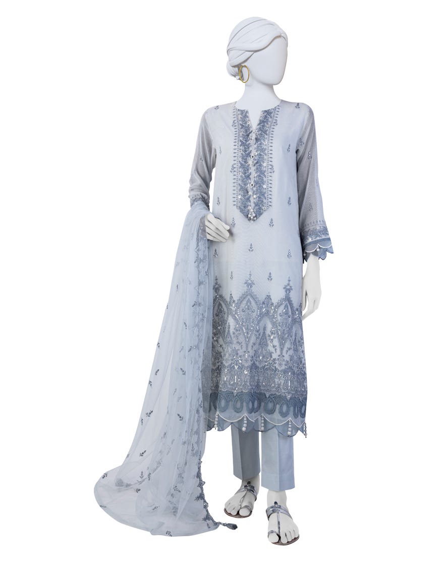 Teal Blue Khaddi Net Unstitched 3 Piece Dress | Jjls-S-Jfu-24-707