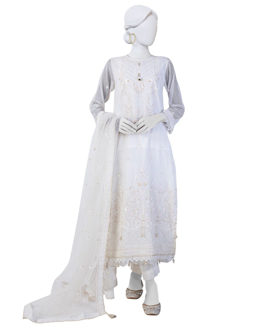 White Khaddi Net Unstitched 3 Piece Dress | Jjls-S-Jfu-24-708