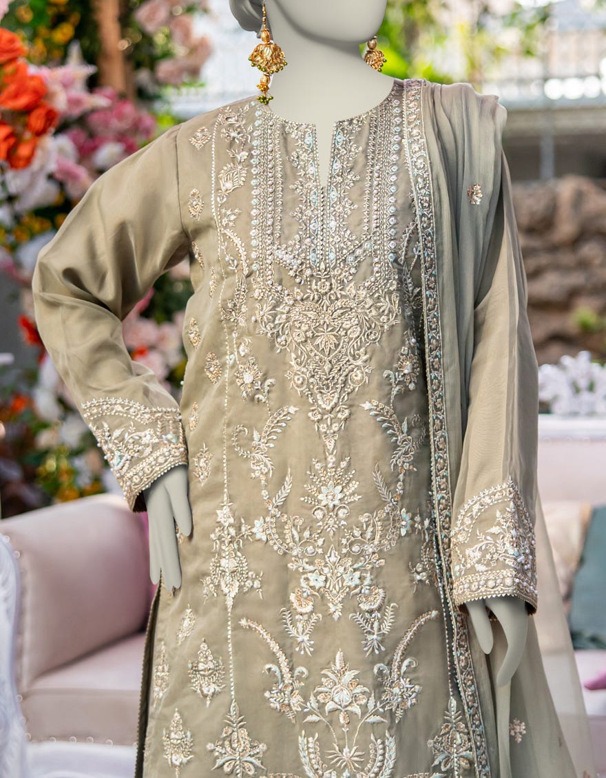 GREEN ORGANZA FORMAL UNSTITCHED 3PC