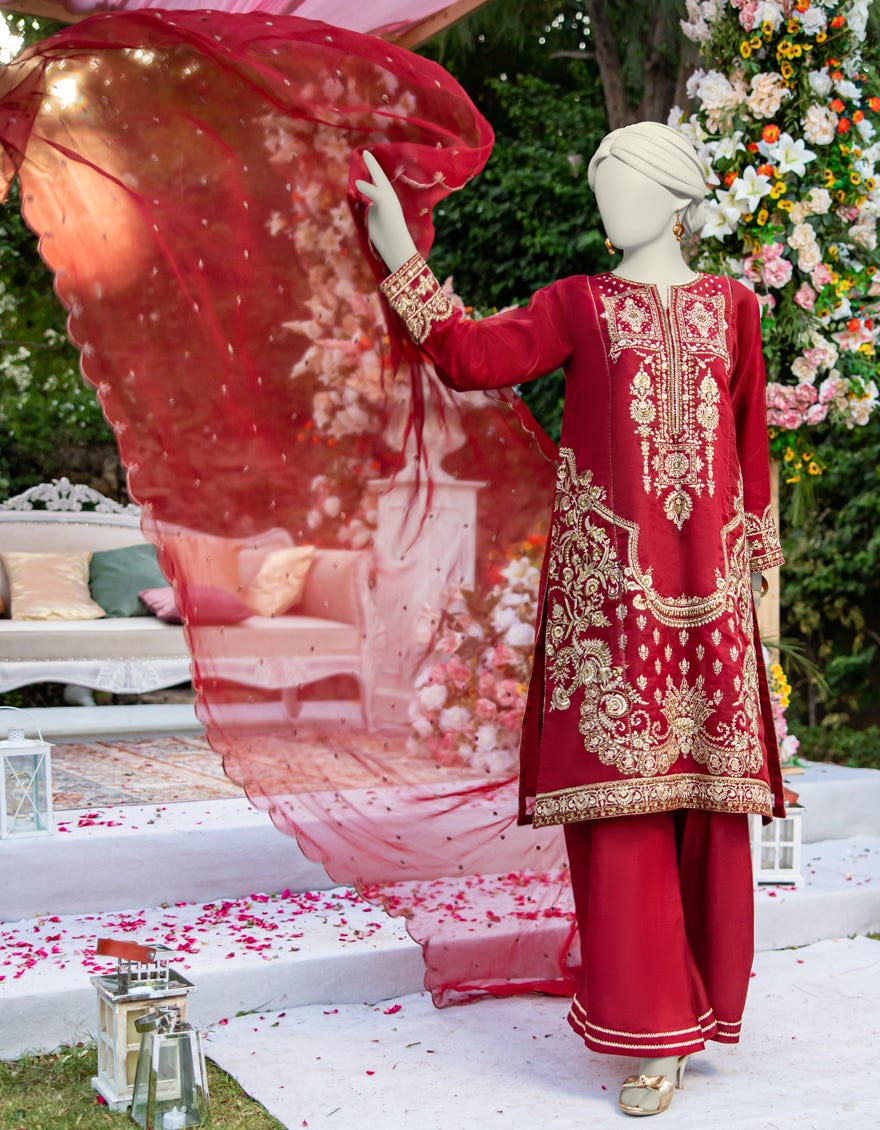 MAROON ORGANZA FORMAL UNSTITCHED 3PC