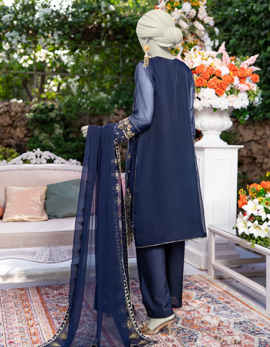 BLUE ORGANZA FORMAL UNSTITCHED 3PC