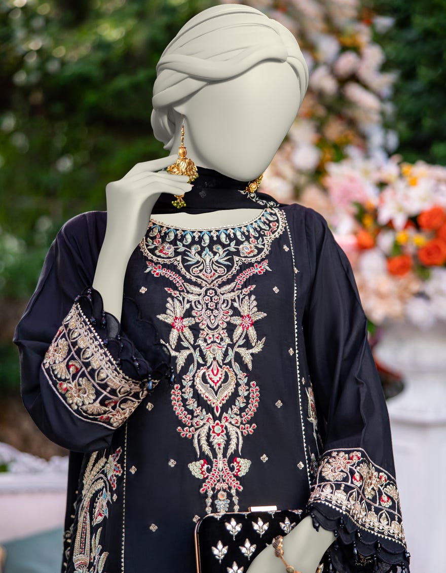 BLACK ORGANZA FORMAL UNSTITCHED 3PC