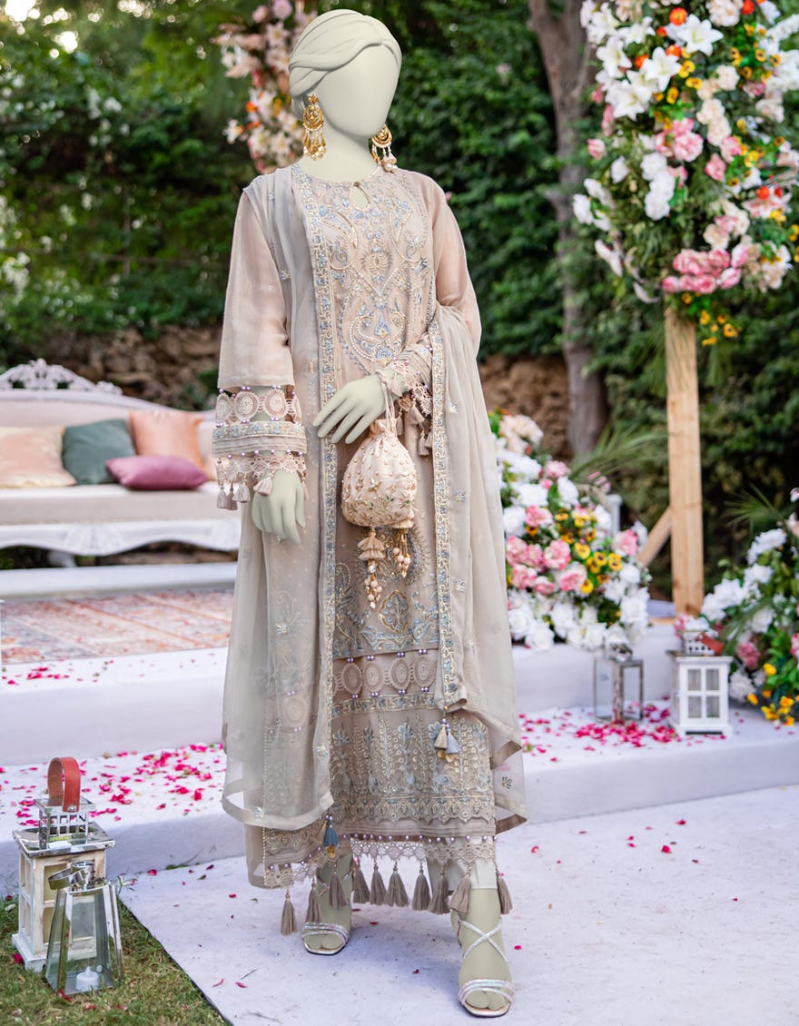 BEIGE ORGANZA NET FORMAL UNSTITCHED 3PC | JJLS-S-JFU-24-720