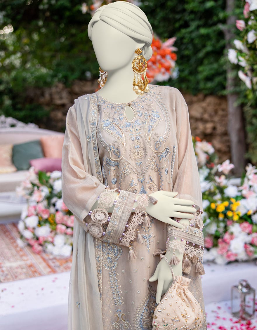 BEIGE ORGANZA NET FORMAL UNSTITCHED 3PC | JJLS-S-JFU-24-720