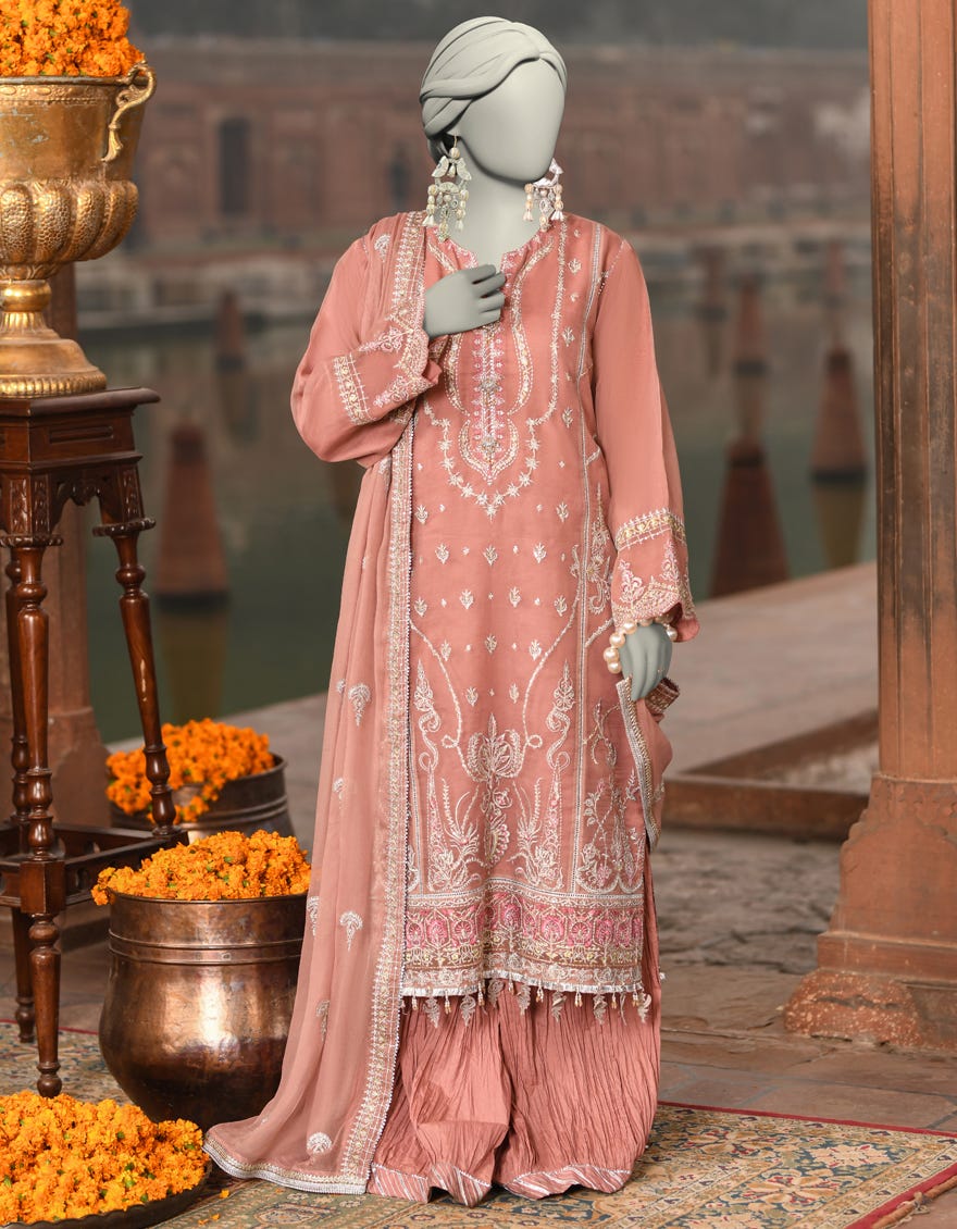 PINK ORGANZA EMBROIDERED UNSTITCHED 3PC | JJLS-S-JFU-25-701