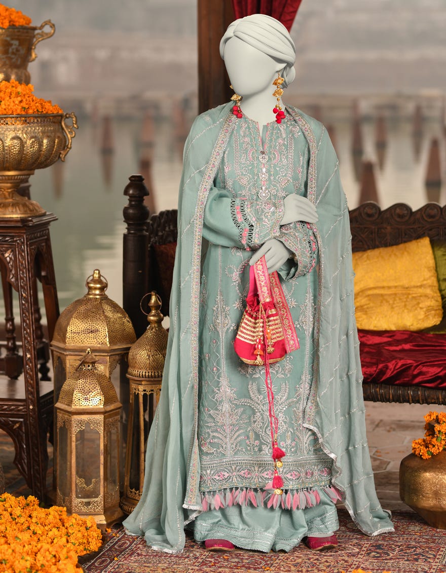 GREEN ORGANZA EMBROIDERED UNSTITCHED 3PC | JJLS-S-JFU-25-703