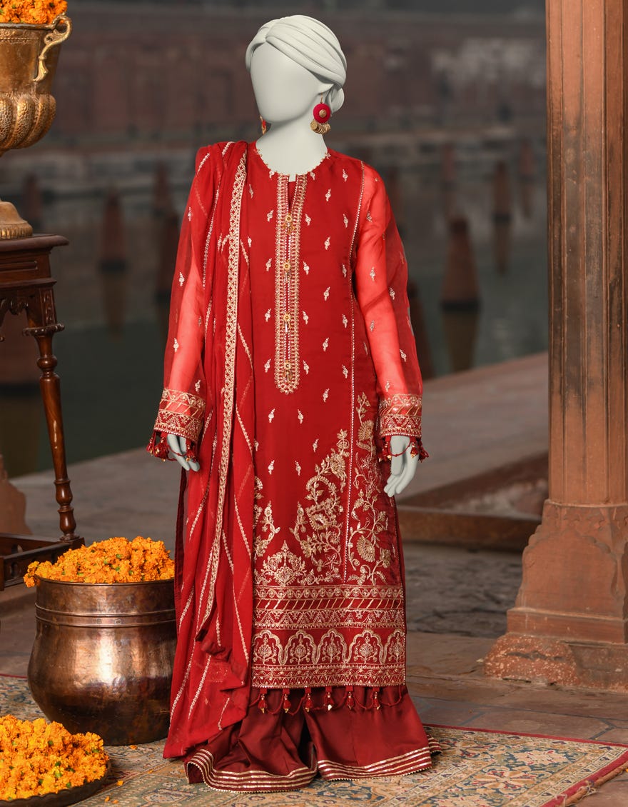 MAROON ORGANZA EMBROIDERED UNSTITCHED 3PC | JJLS-S-JFU-25-704