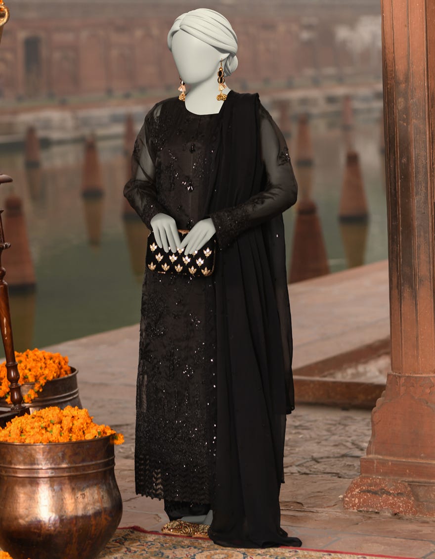 BLACK ORGANZA EMBROIDERED UNSTITCHED 3PC | JJLS-S-JFU-25-706