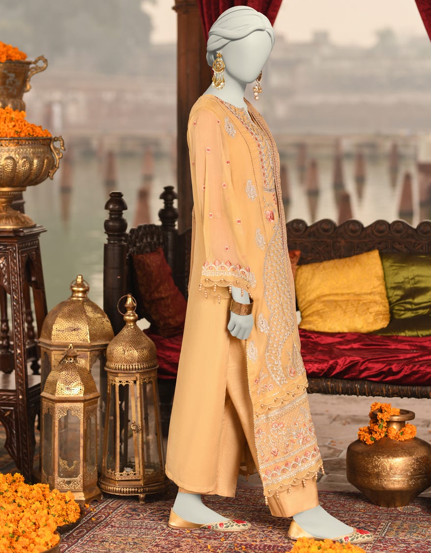 BEIGE CHIFFON EMBROIDERED UNSTITCHED 3PC | JJLS-S-JFU-25-707