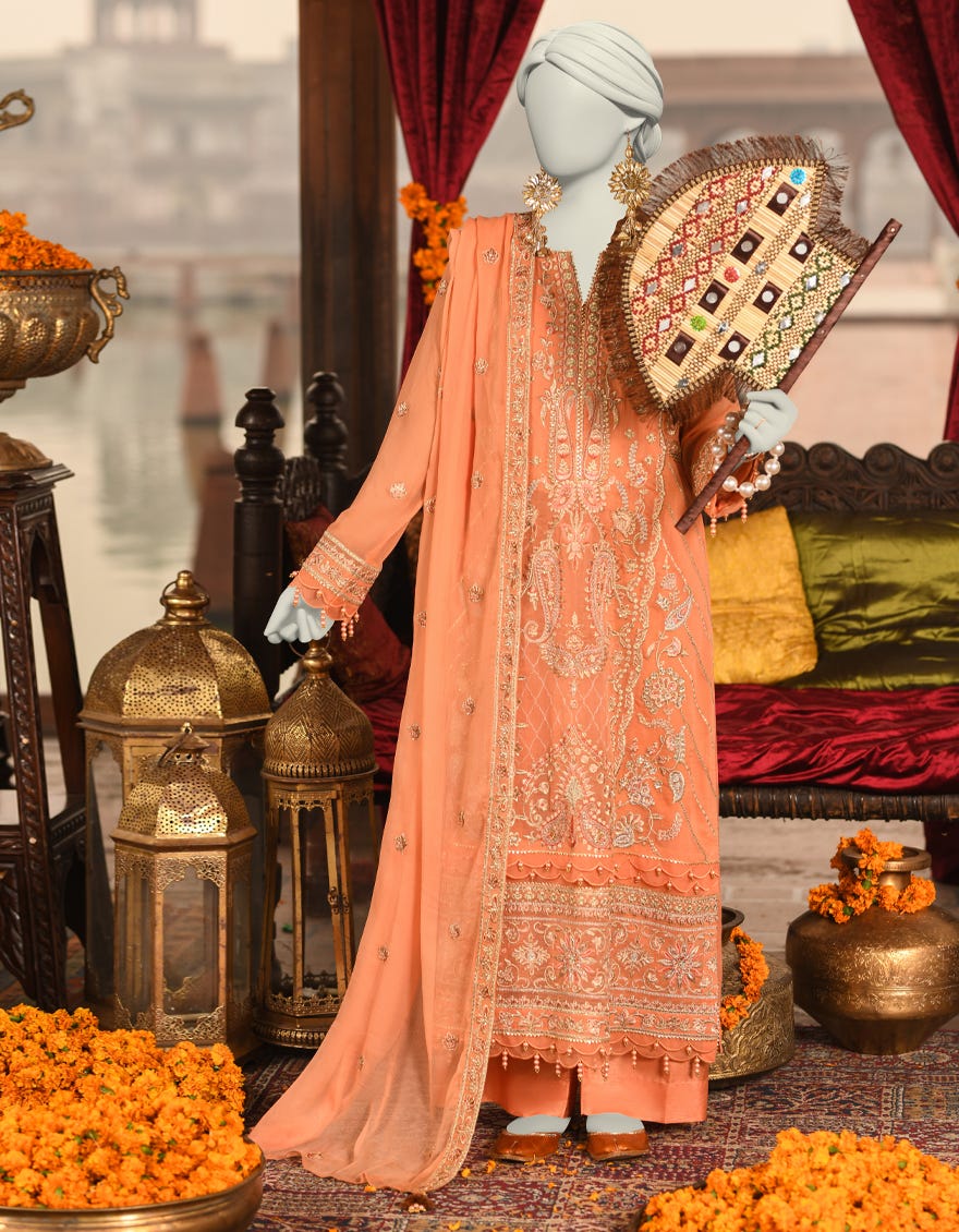 PEACH CHIFFON EMBROIDERED UNSTITCHED 3PC | JJLS-S-JFU-25-708